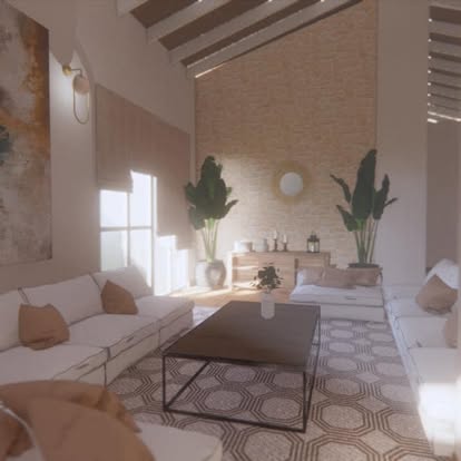 Double-height lounge with a raw brick feature wall, cream modular sofas, patterned tile and tall indoor planting