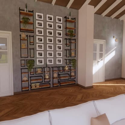 Floor-to-ceiling display wall combining black metal framework, timber shelves, planting and a grid of framed prints