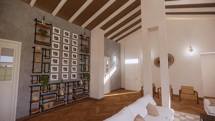 Blackened steel display shelving carrying plants and ceramics around a grid of framed prints, against a microcement wall under a vaulted rafter ceiling