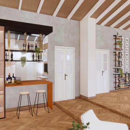 The bar nook seen in context, with the herringbone floor running through to a stepped living area