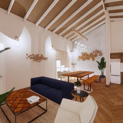 Open-plan living and dining area with a timber dining table, bench seating and a vaulted rafter ceiling