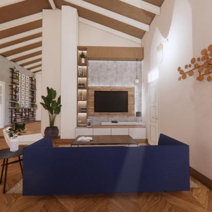 Living room with a stone media wall, concealed shelf lighting and a navy sofa beneath white timber rafters